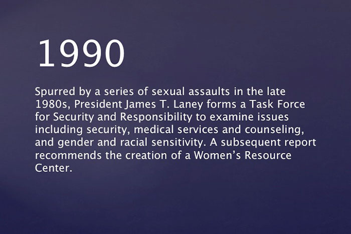 1990: Spurred by a series of sexual assaults in the late 1980s, President James T. Laney forms a Task Force for Security and Responsibility to examine issues including security, medical services and counseling, and gender and racial sensitivity. A subsequent report recommends the creation of a Women's Resource Center.